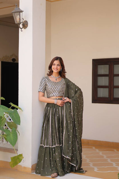 Green color star georgette lehenga choli for women