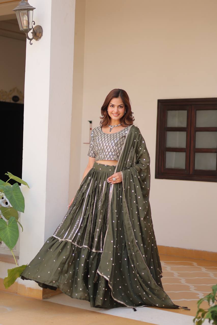 Green color star georgette lehenga choli with dupatta images