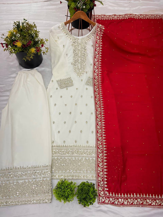 White color chinon silk sharara suit for women