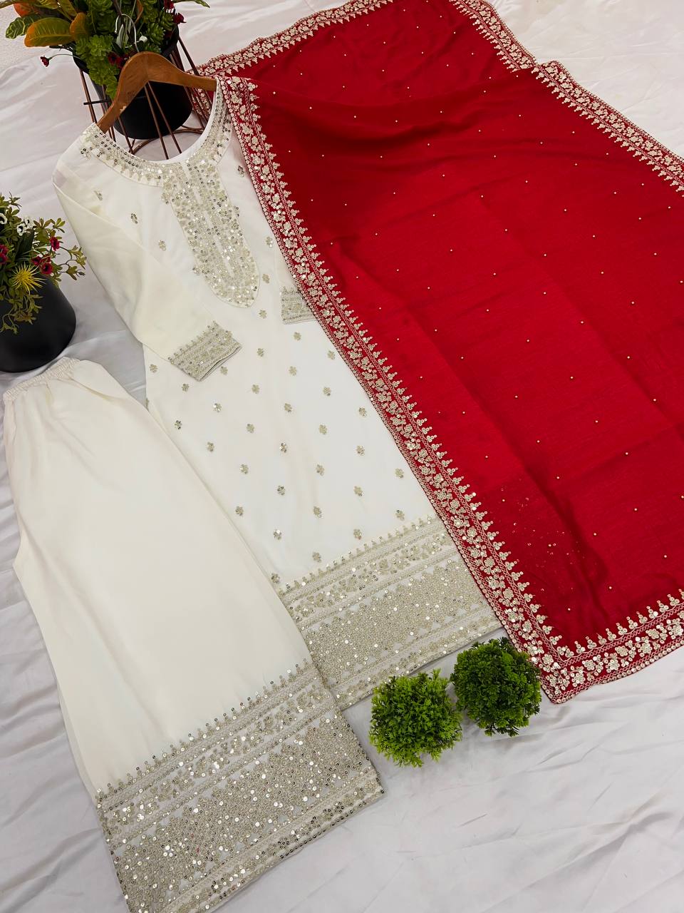 White color chinon silk sharara suit with dupatta price
