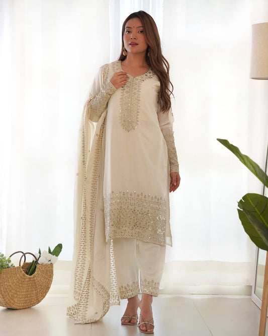 White color chinon silk salwar suit for women