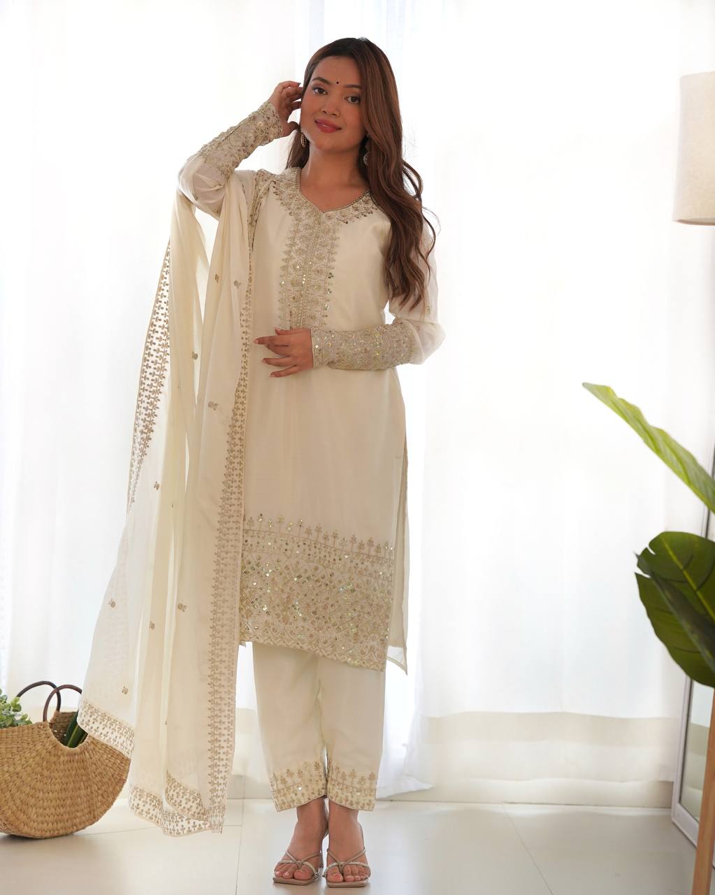 White color chinon silk salwar suit for wedding