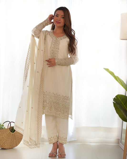 White color chinon silk salwar suit for wedding