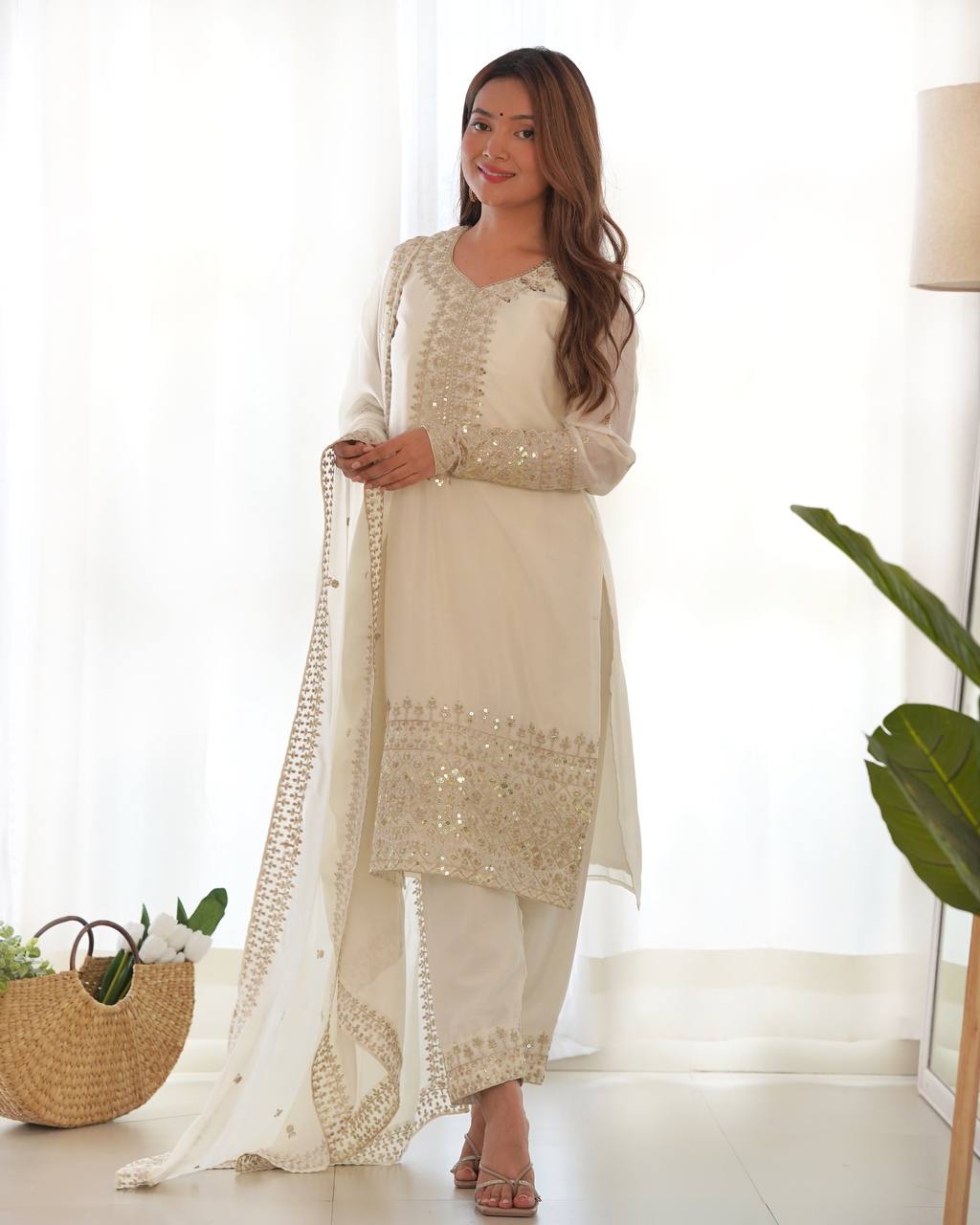 White color chinon silk salwar suit with dupatta price