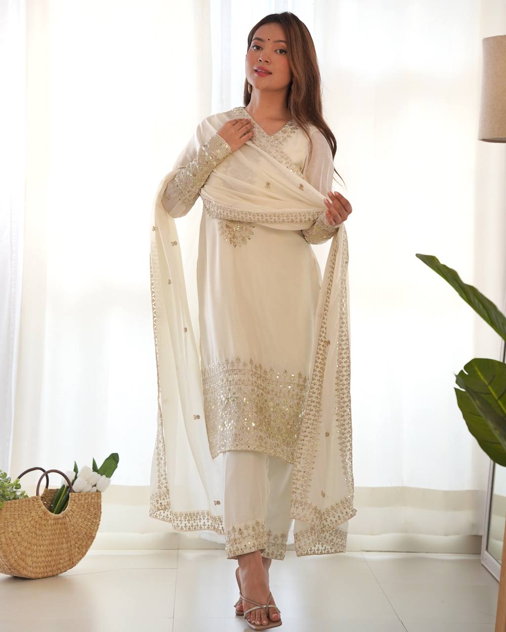 White color chinon silk salwar suit with dupatta online