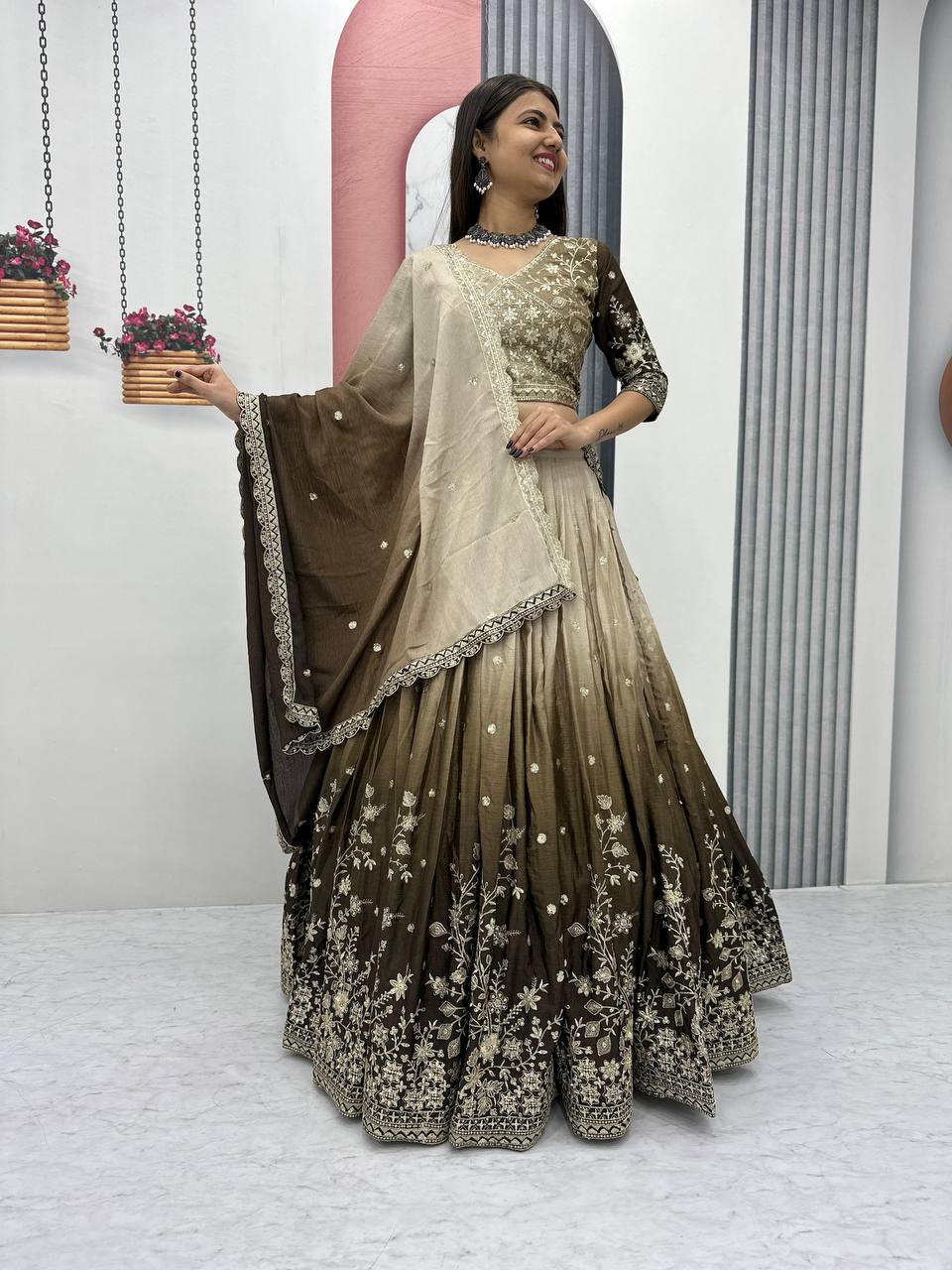 Green color chinon lehenga choli for women