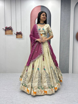 Pink color tissue silk lehenga choli for women