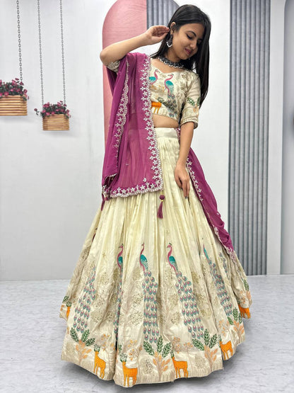 Pink color tissue silk lehenga choli with dupatta online