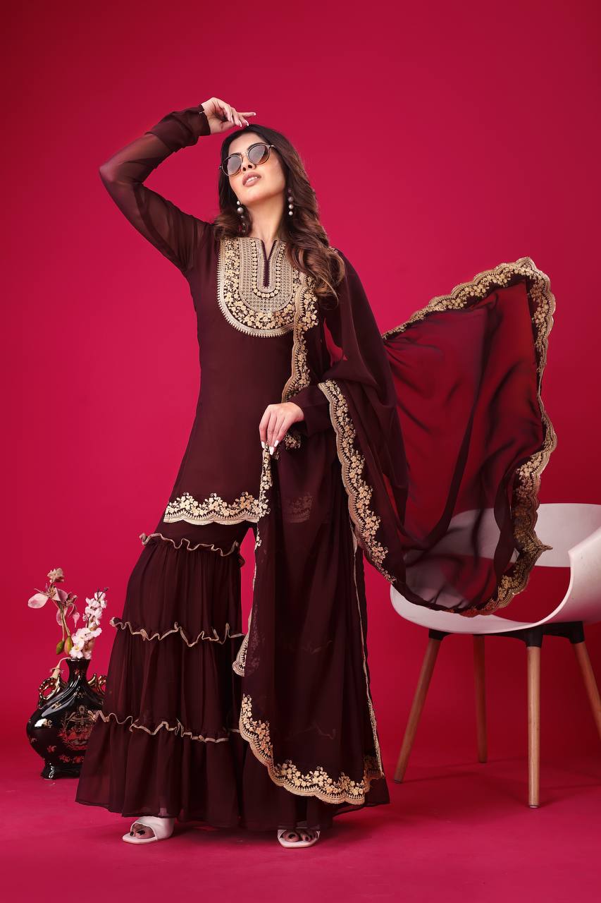 Maroon color georgette sharara suit with dupatta online