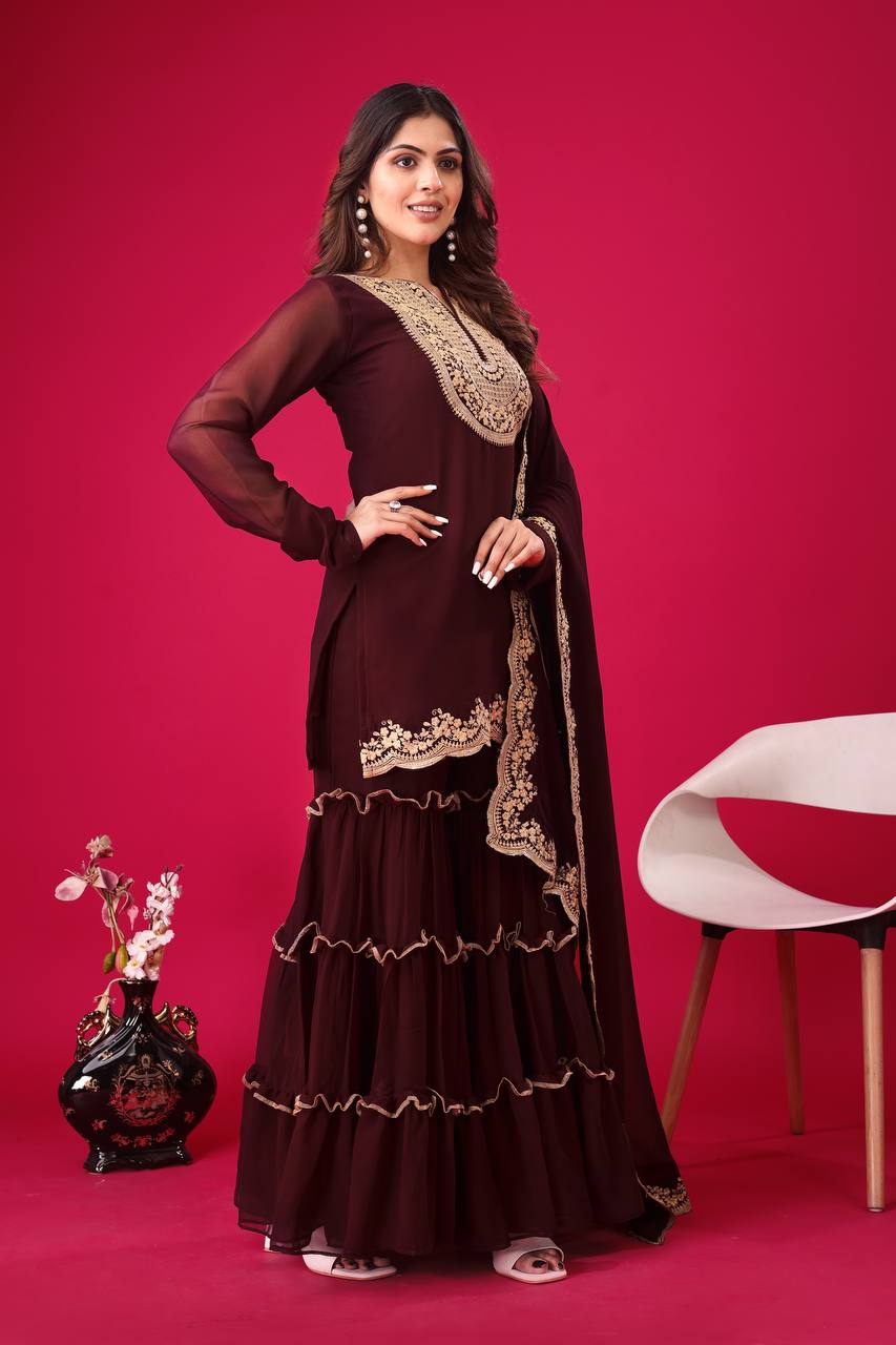 Maroon color georgette sharara suit with dupatta online shopping