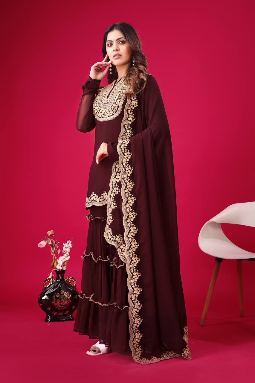 Maroon color georgette sharara suit with dupatta price