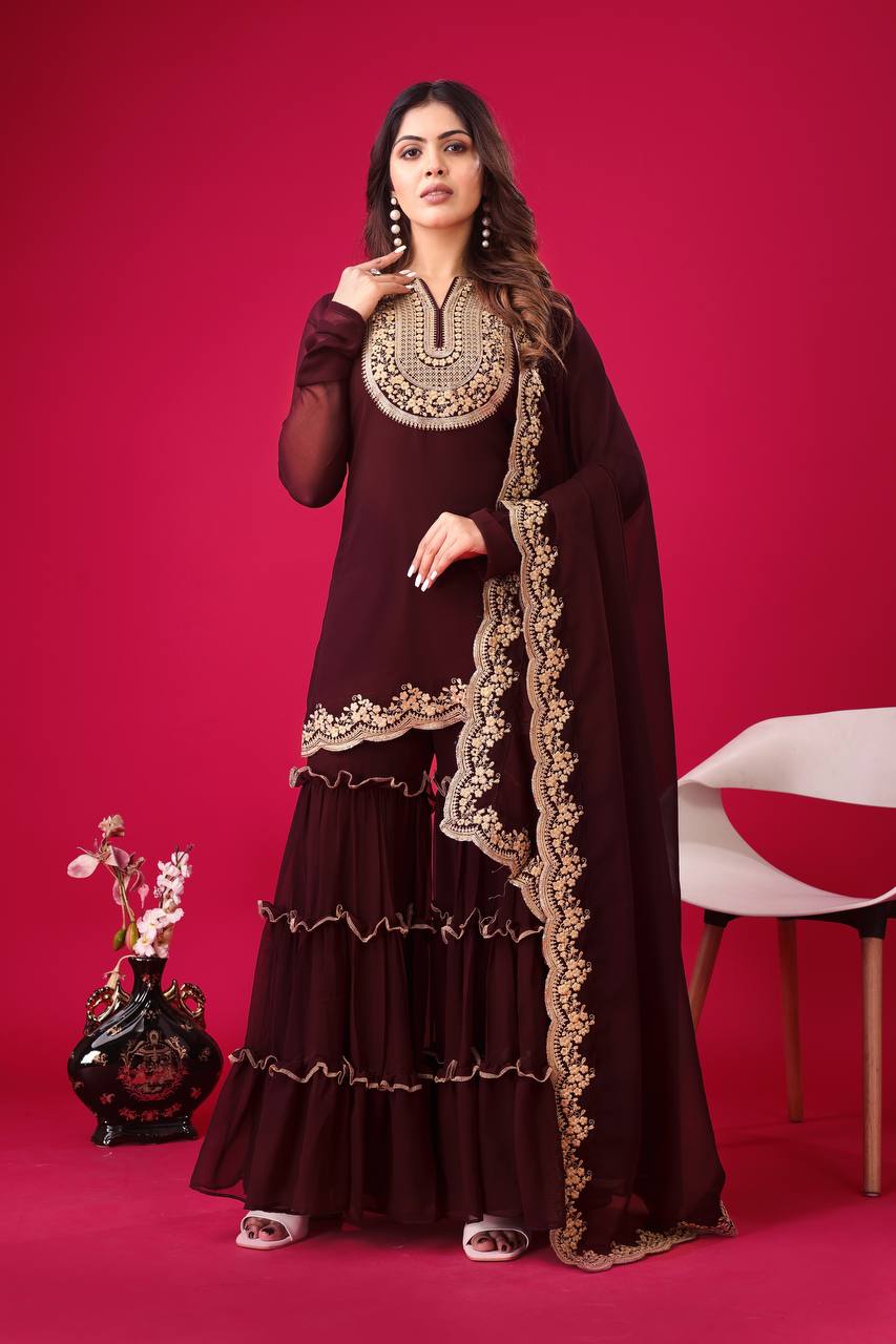 Maroon color georgette sharara suit with dupatta images