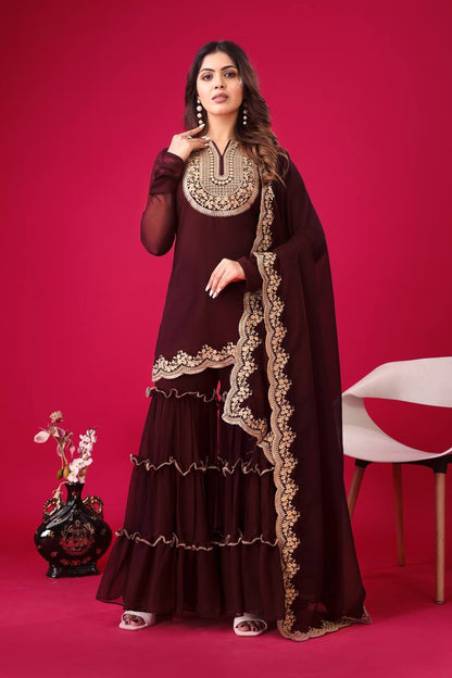Maroon color georgette sharara suit with dupatta images