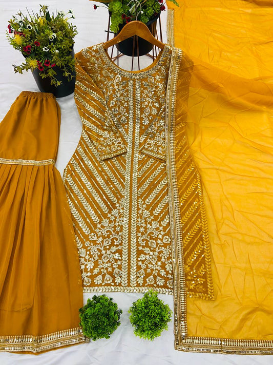 Yellow color chinon silk sharara suit for women