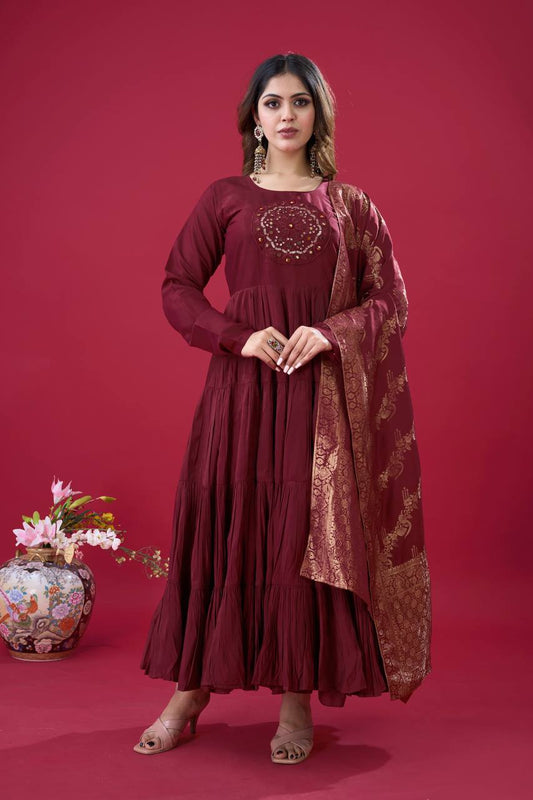 Maroon color roman silk long gown for women