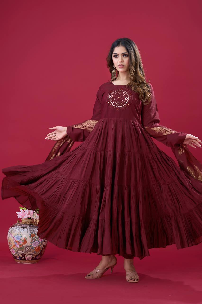 Maroon color roman silk long gown design