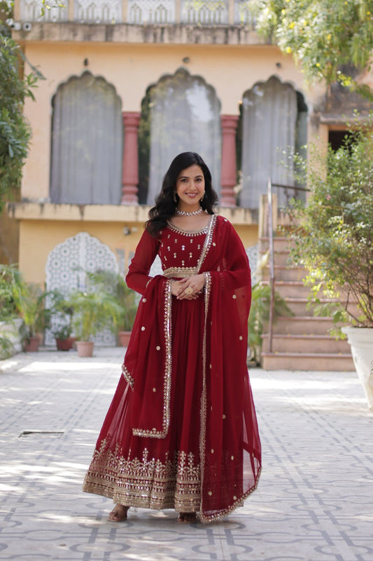 Red color faux blooming long gown for women