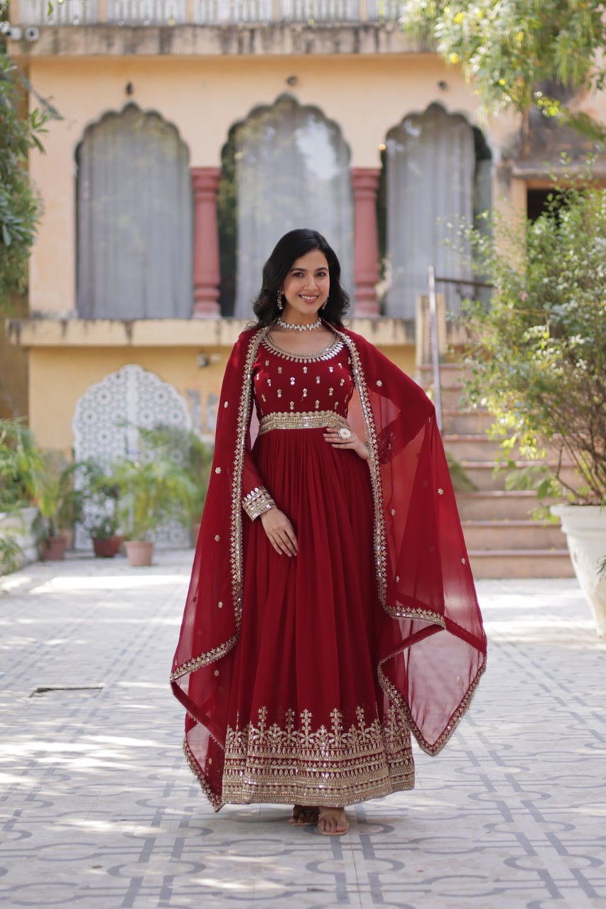 Red color faux blooming long gown with dupatta images