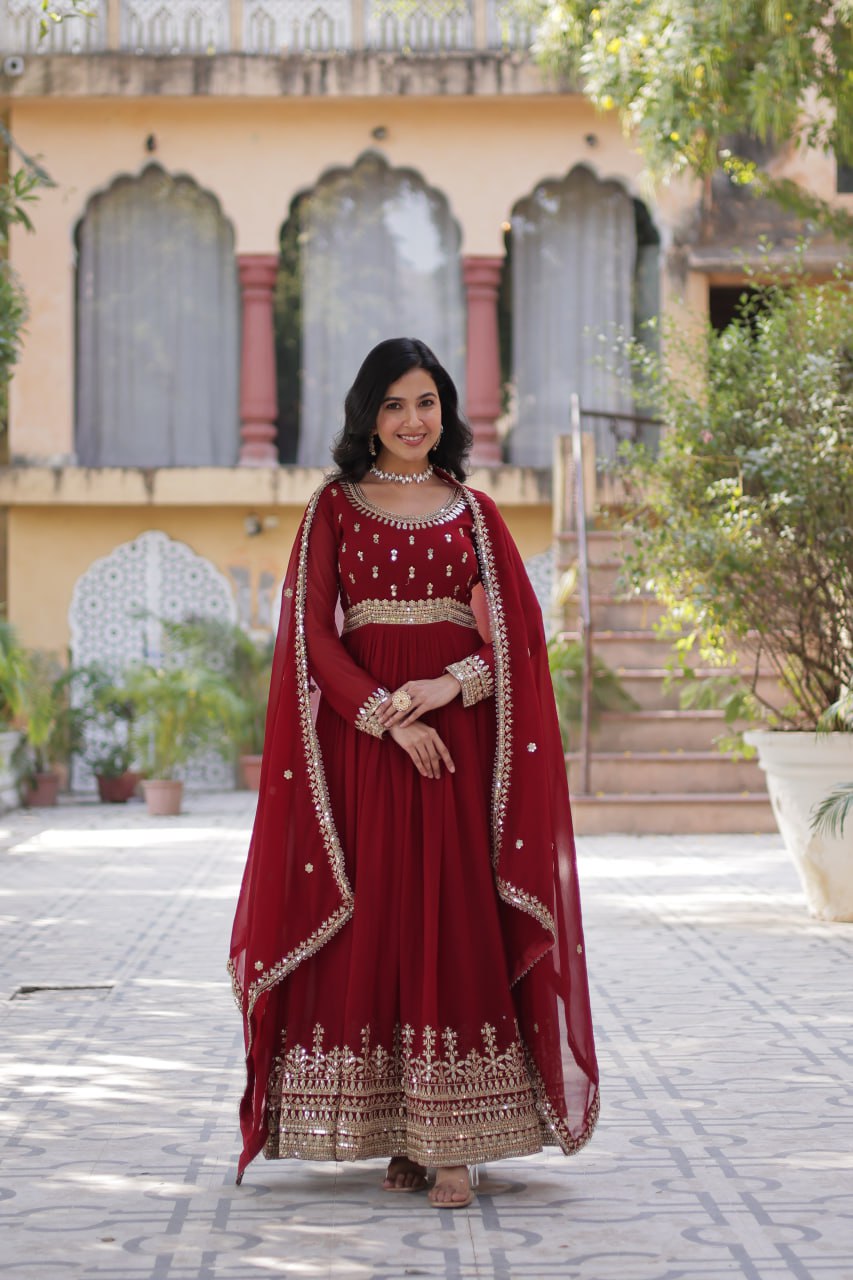 Red color faux blooming long gown with dupatta online shopping