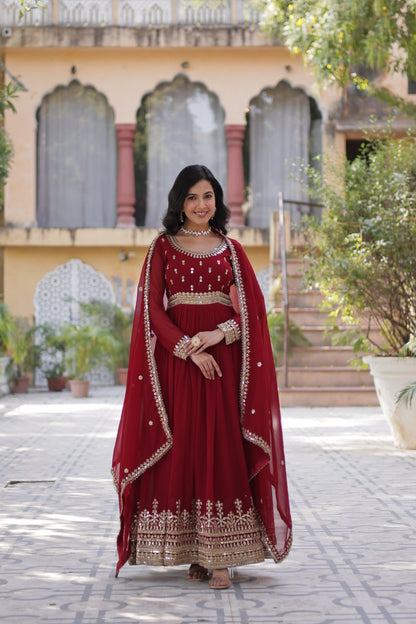 Red color faux blooming long gown with dupatta online shopping