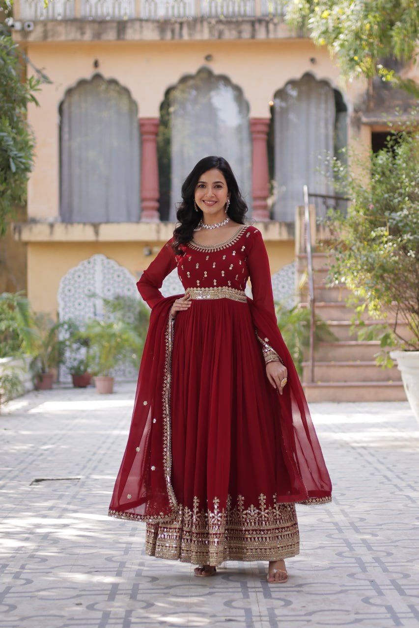 Red color faux blooming long gown with dupatta 