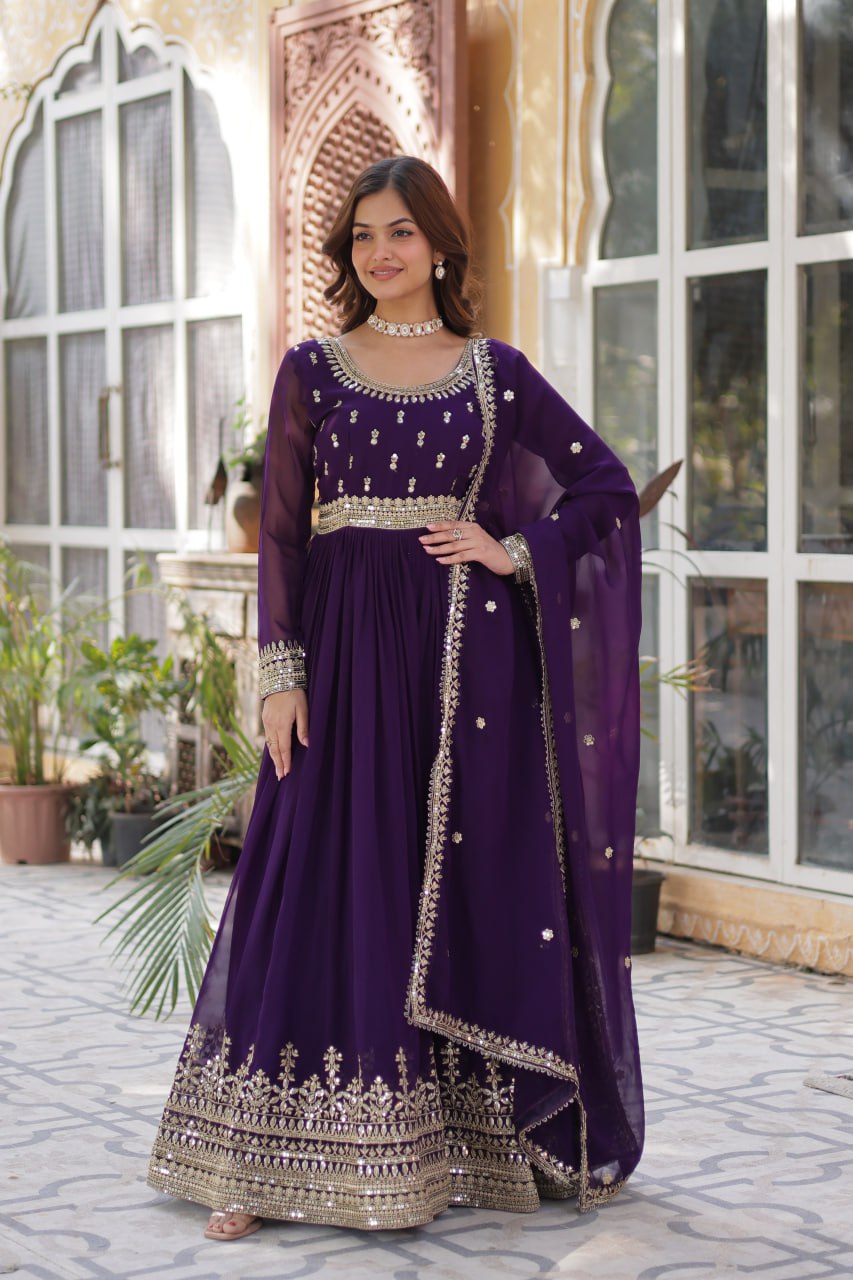 Purple color faux blooming long gown with dupatta