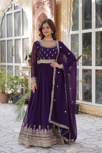 Purple color faux blooming long gown with dupatta