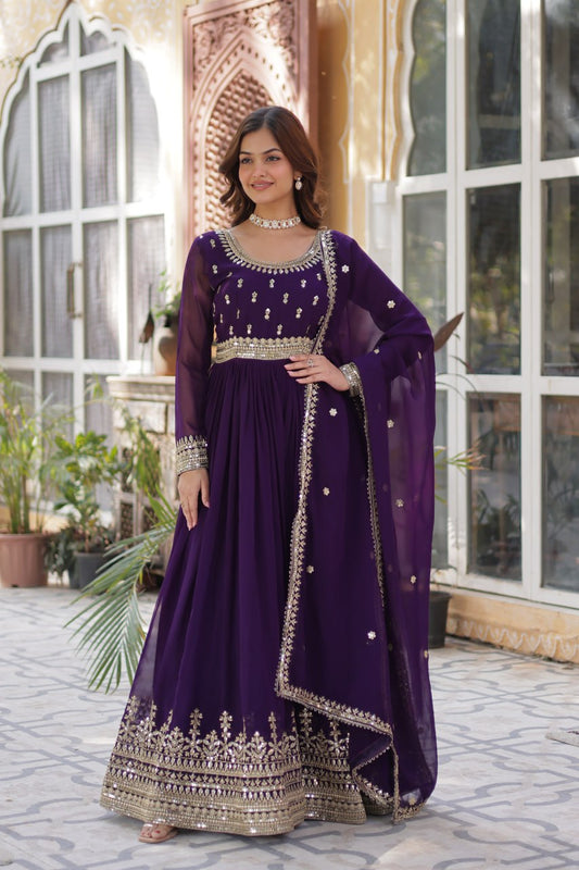 Purple color faux blooming long gown with dupatta