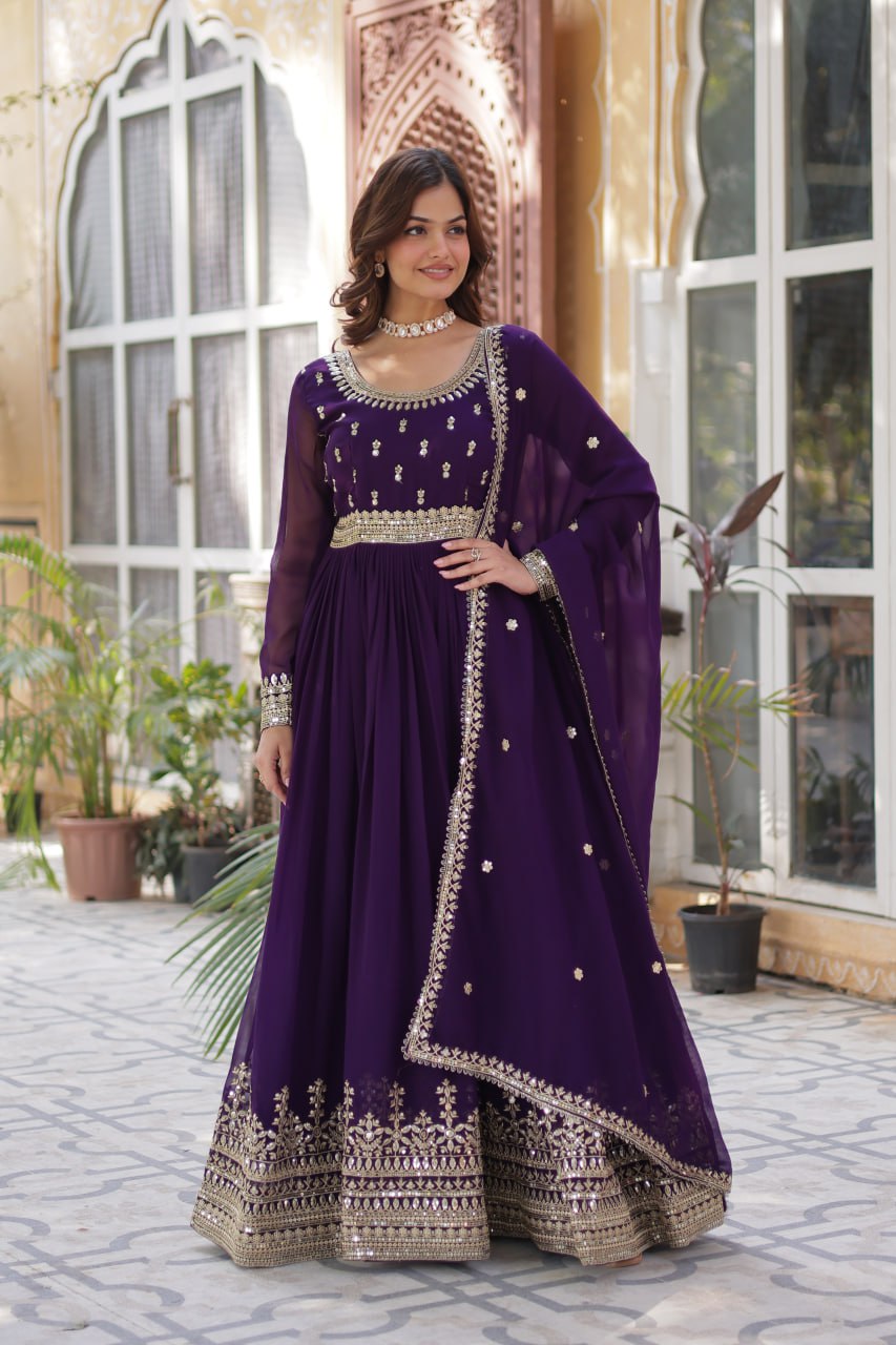 Purple color faux blooming long gown with dupatta price