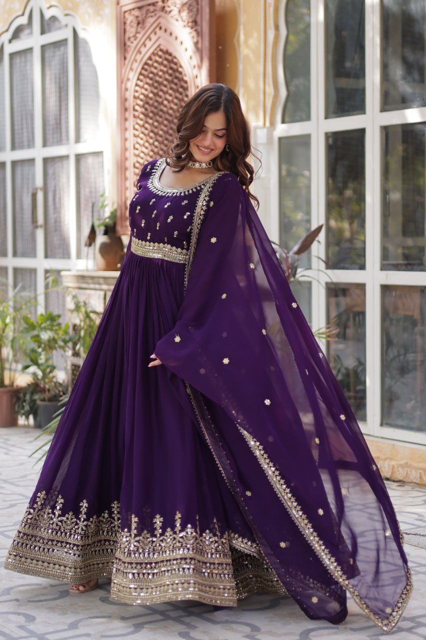 Purple color faux blooming long gown with dupatta online shopping