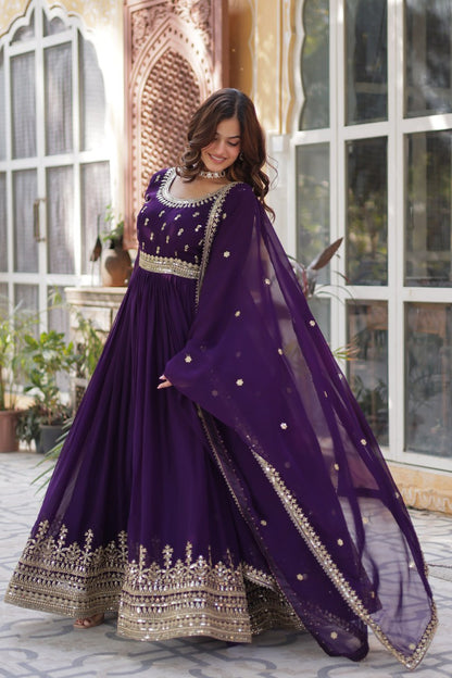 Purple color faux blooming long gown with dupatta online shopping