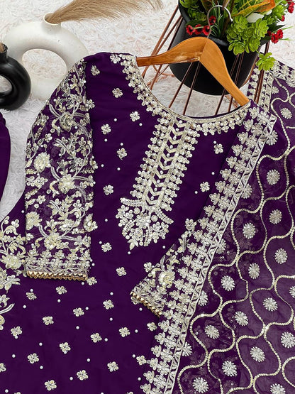 Purple color georgette sharara suit with dupatta price