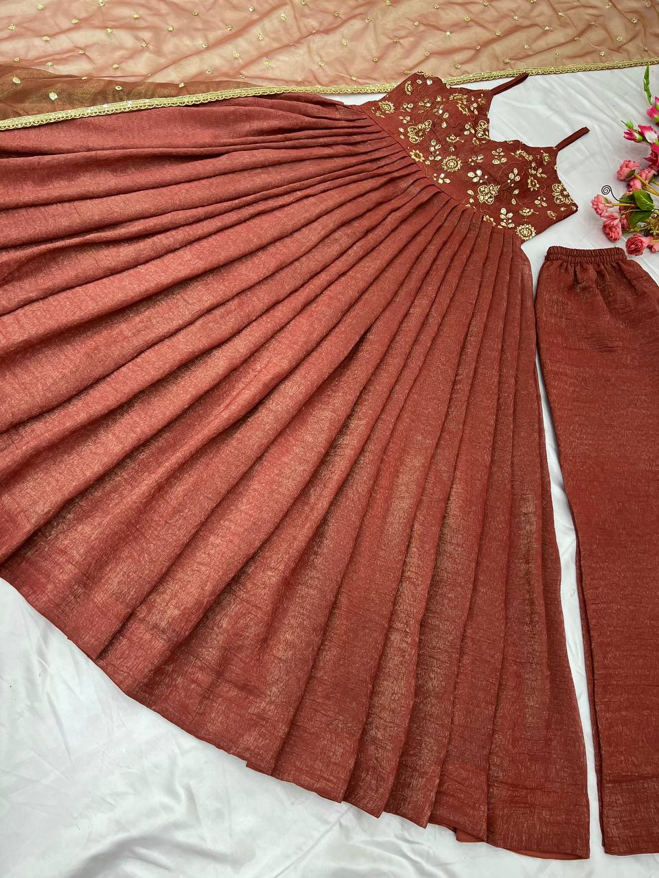 Rust color fandy silk sequins work gown with dupatta online