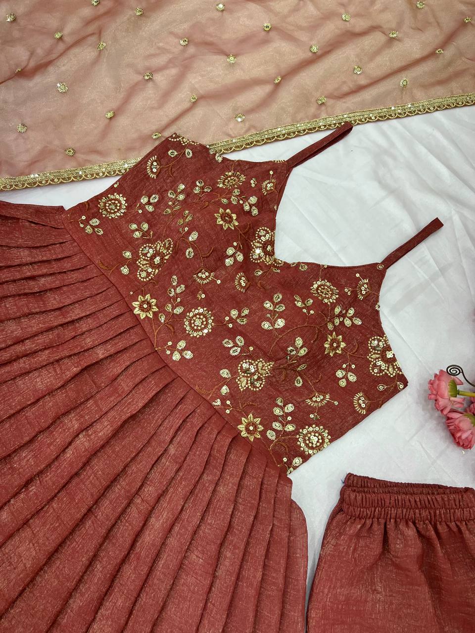 Rust color fandy silk sequins work gown with dupatta online shopping