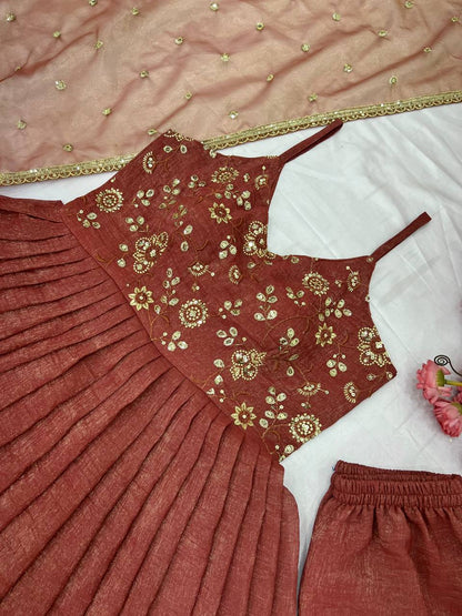 Rust color fandy silk sequins work gown with dupatta online shopping