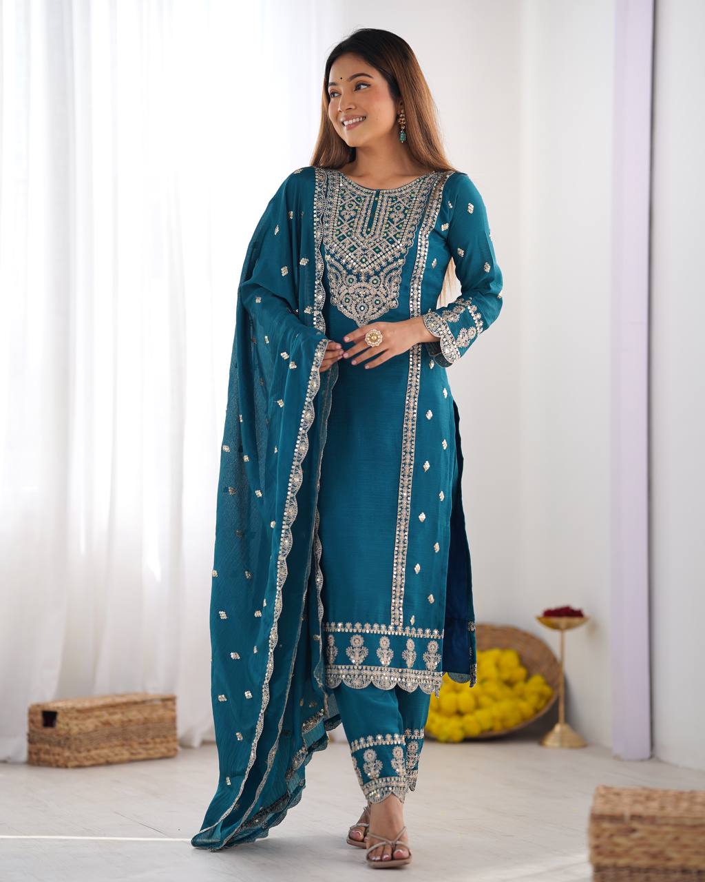 Turquoise chinon silk salwar suit for women