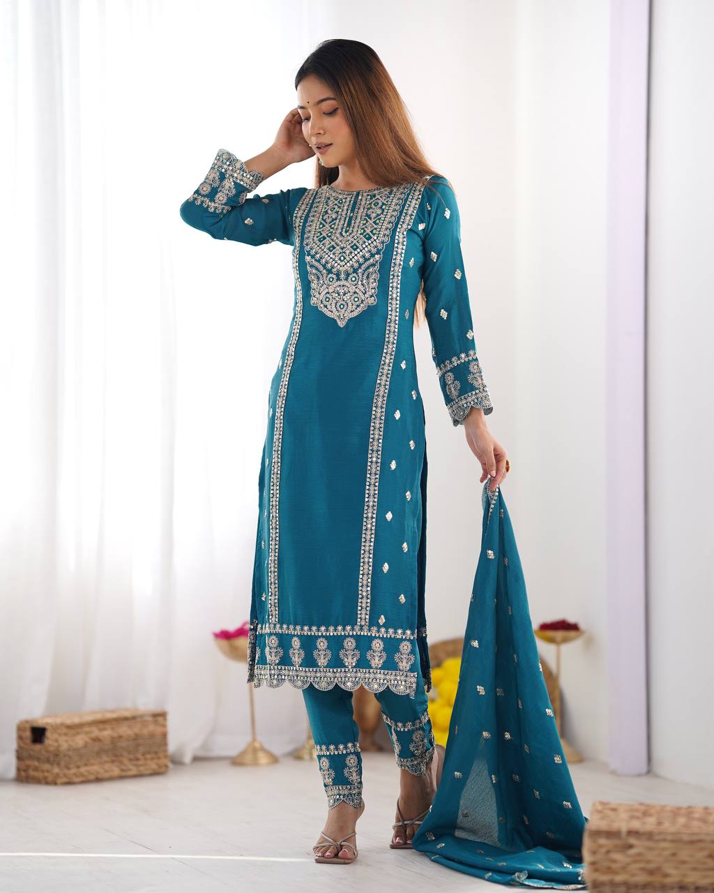 Turquoise chinon silk salwar suit with dupatta online shopping