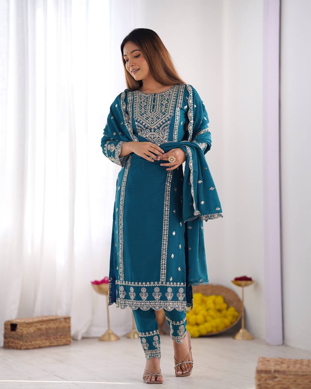 Turquoise chinon silk salwar suit with dupatta online