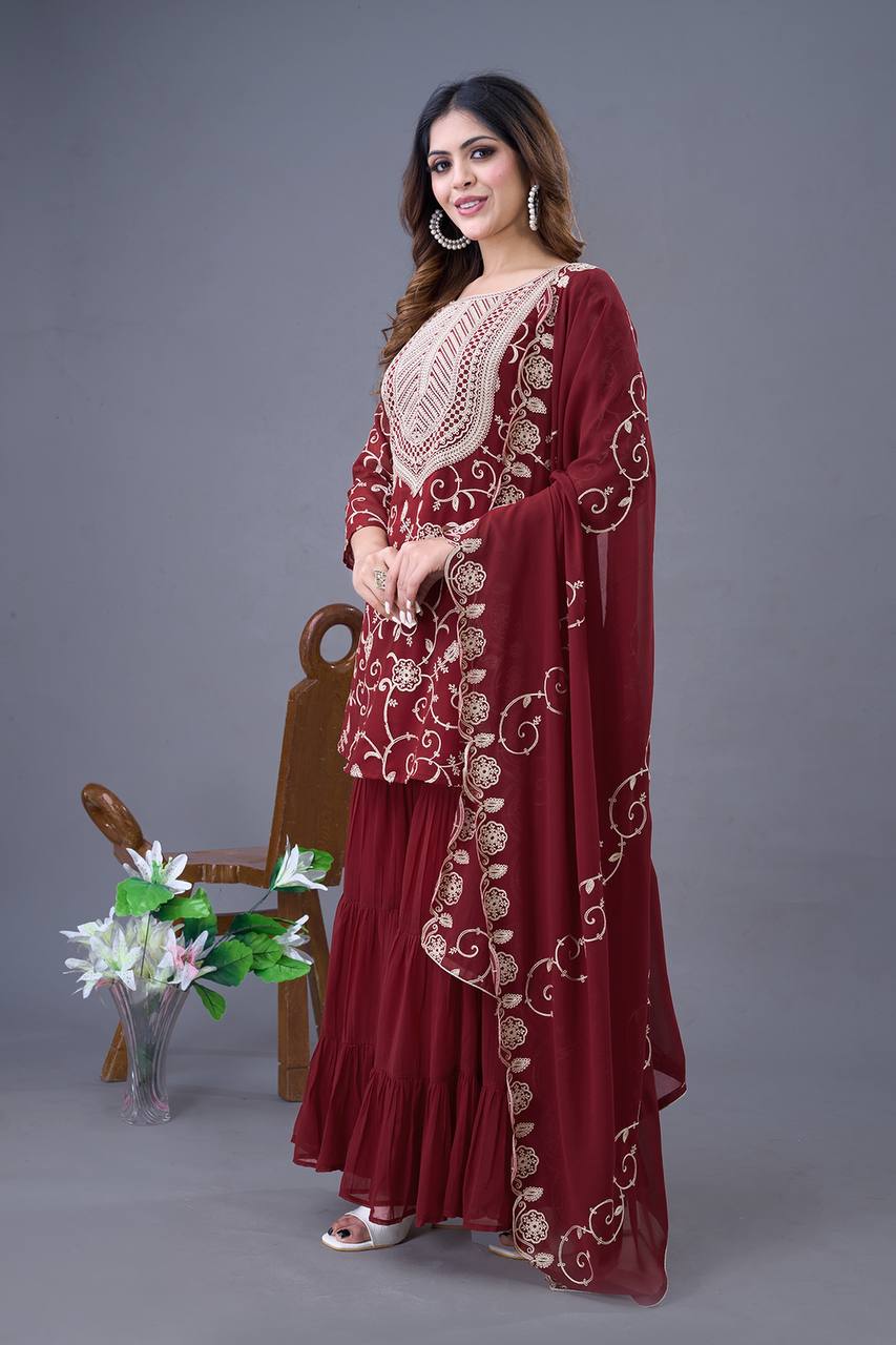 Maroon color georgette sharara suit with dupatta online shopping