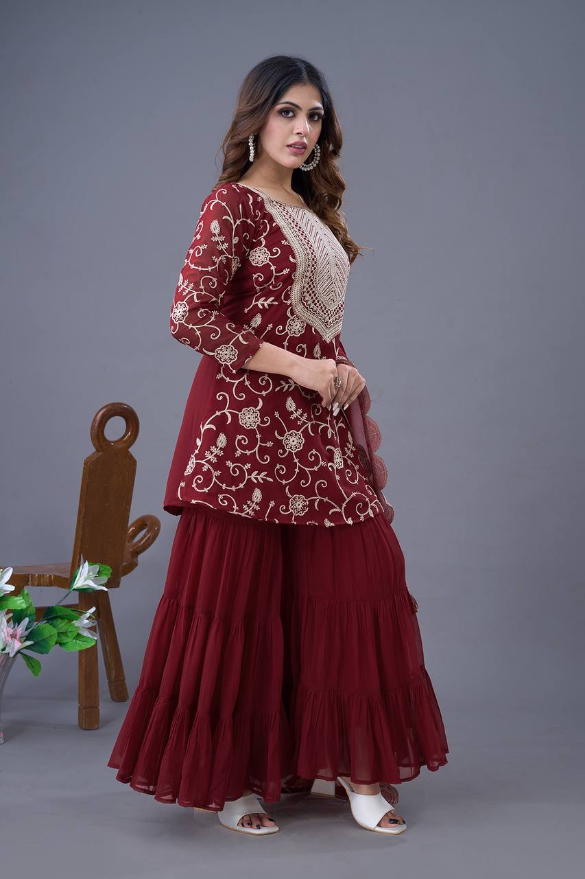 Maroon color georgette sharara suit with dupatta images