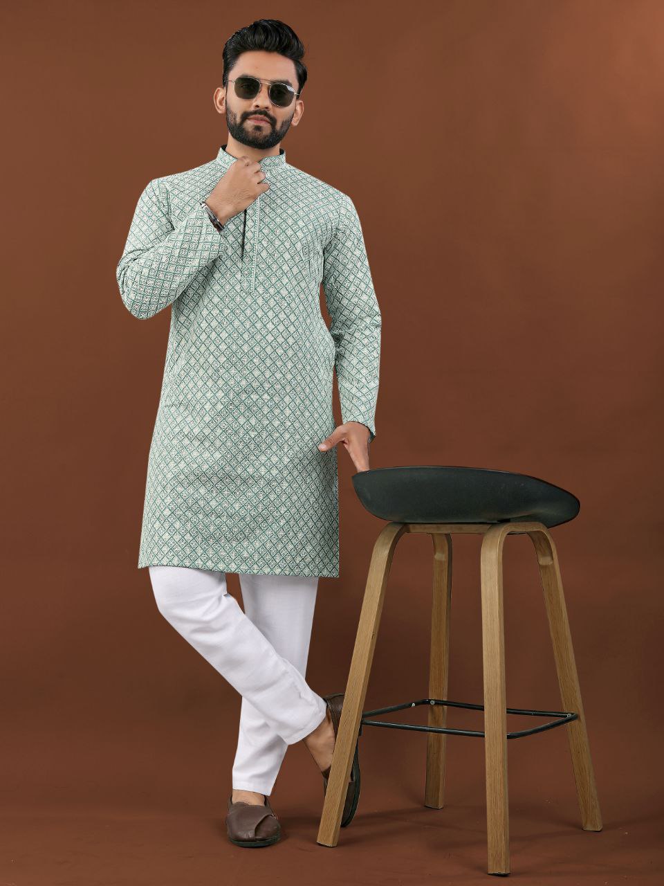 Pista color lucknowi work kurta for men