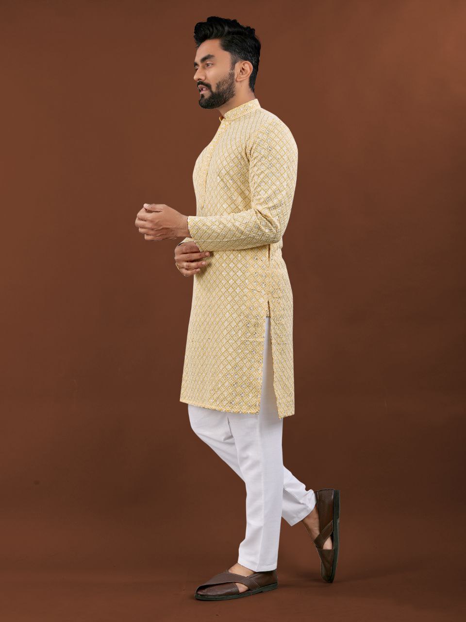 Yellow lakhnavi Kurta for mens in USA
