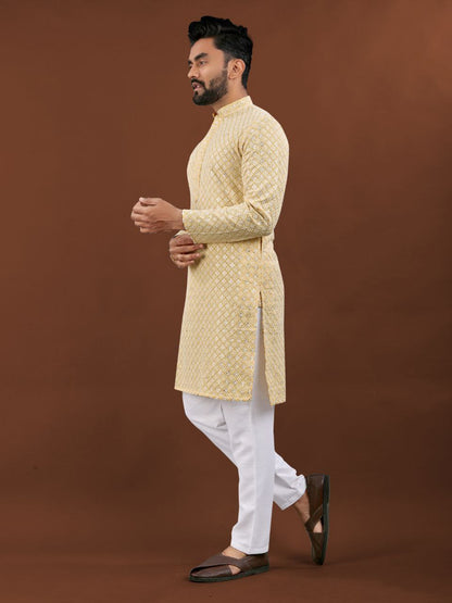 Yellow lakhnavi Kurta for mens in USA
