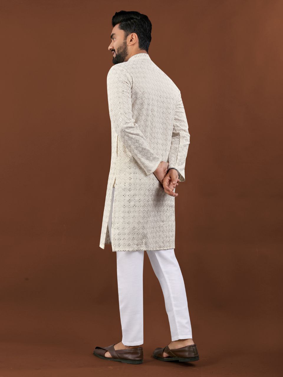 White color lucknowi work kurta in USA