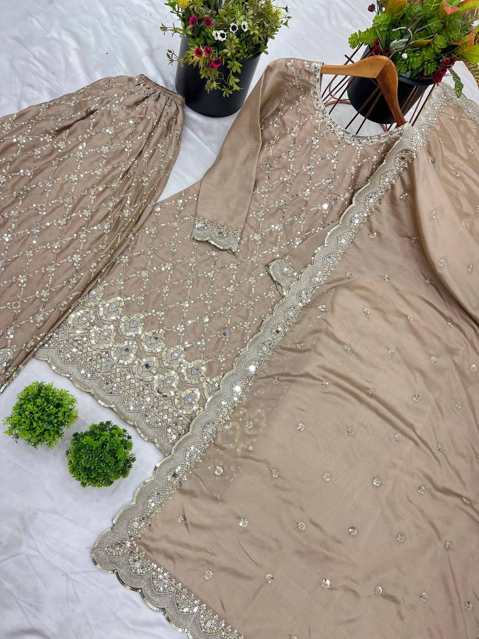 Beige color chinon silk sharara suit with dupatta online