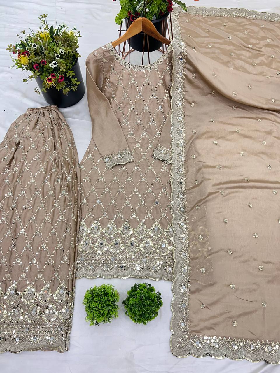 Beige color chinon silk sharara suit for women price
