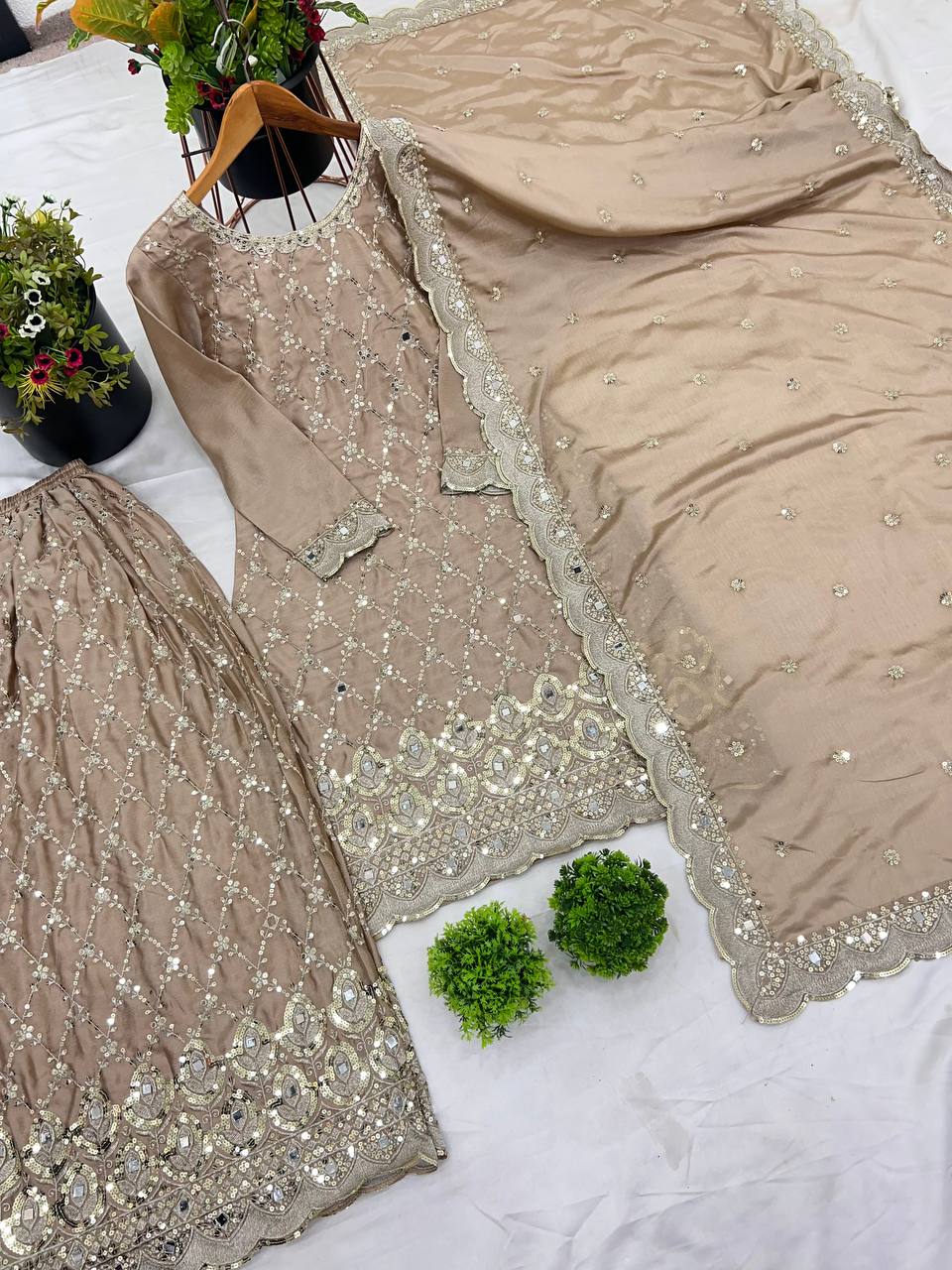 Beige color chinon silk sharara suit for wedding
