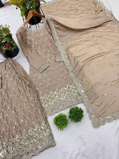 Beige color chinon silk sharara suit for wedding
