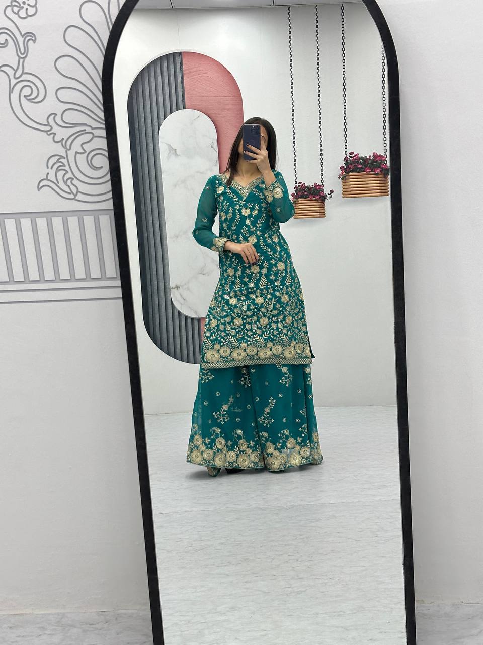 Rama color georgette sharara suit with dupatta