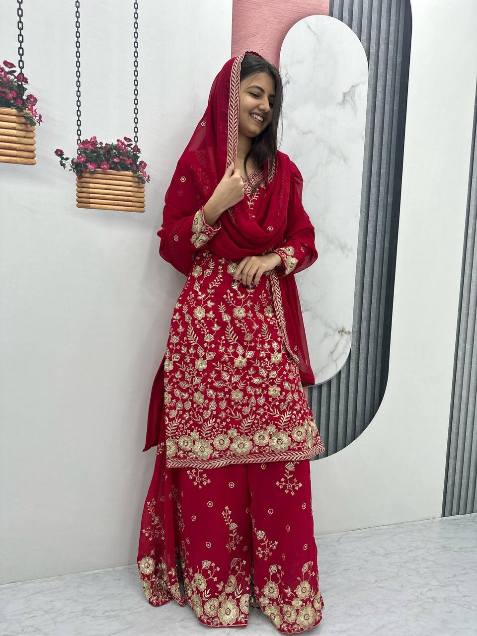 Red color georgette sharara suit with dupatta for wedding